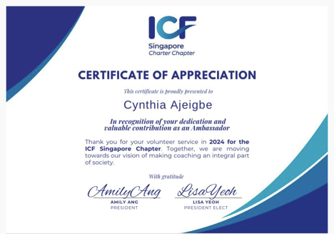 Certificate of Appreciation from the International Coaching Federation (ICF) Singapore, for my contributions in 2024